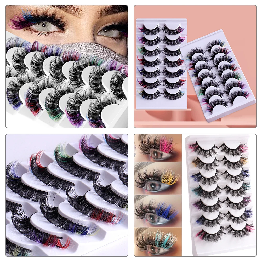 

7 Pairs Thick Curly Eyelashes Cat Colored Extensions Colorful Clusters False with