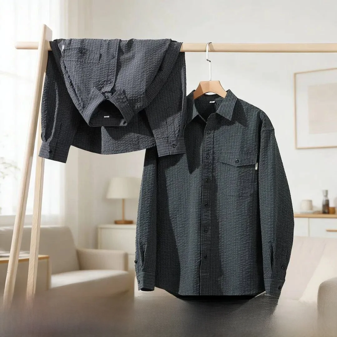 

American Stylish Heavyweight Bubble Cloth Plaid Shirt Jacket Quick Dry Stand Collar Texture Spring Summer New Arrival Men's C...