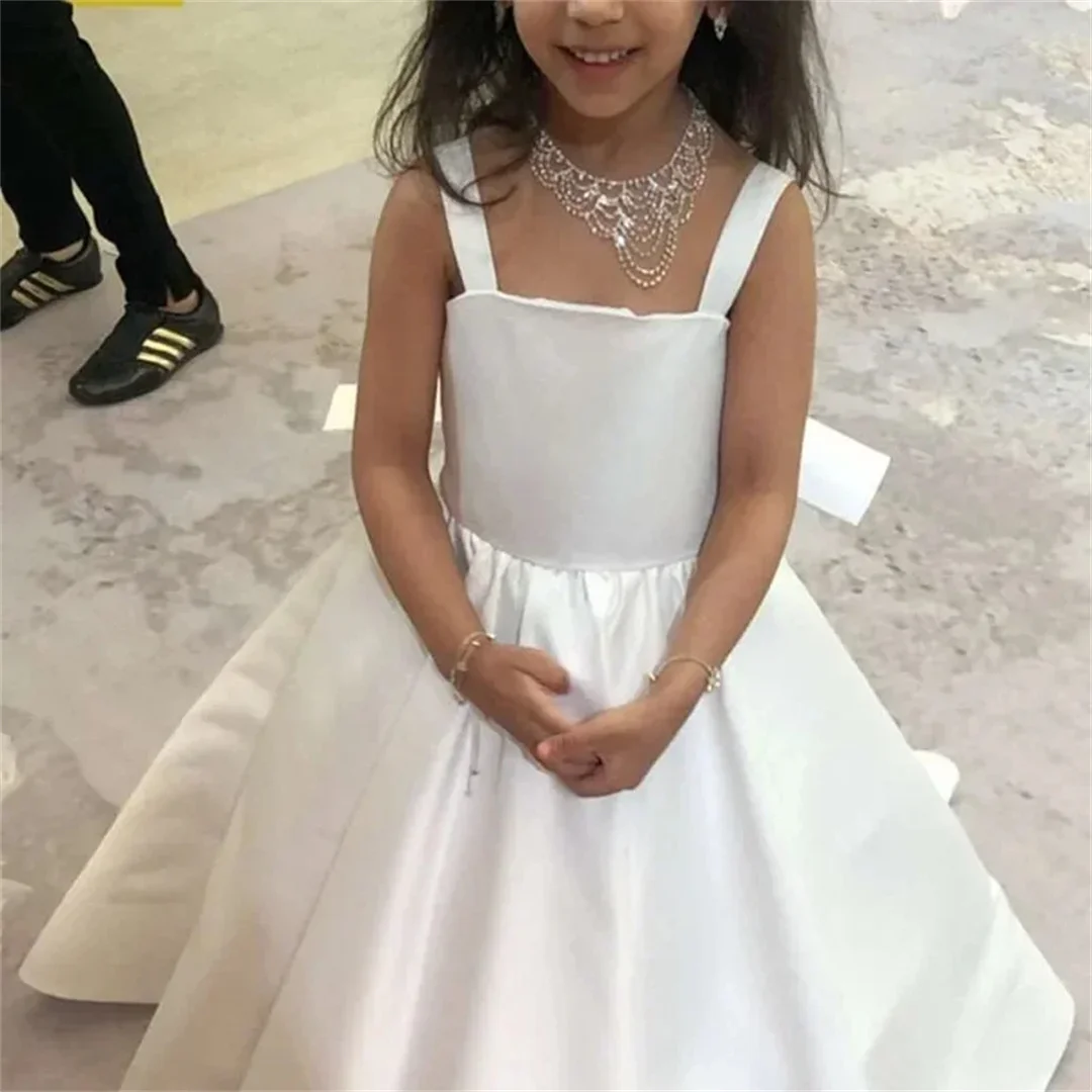 2025 White Flower Girl Dress With Big Bow Sleeveless For Wedding Pageant Girl Party Dress First Communion