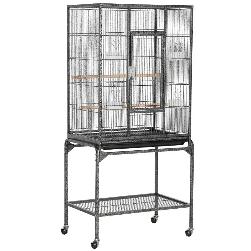 Metal Rolling Bird Cage with Stand, 4 Feeding Bowls, and 2 Perches, Black bird cage  house