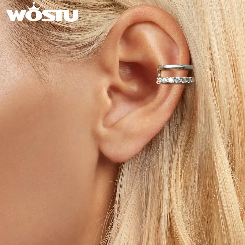 WOSTU 925 Sterling Silver No Piercing Clips Women C Shape Double Layer Adjustable Slim Ear Cuff Women Exquisite Party Jewelry