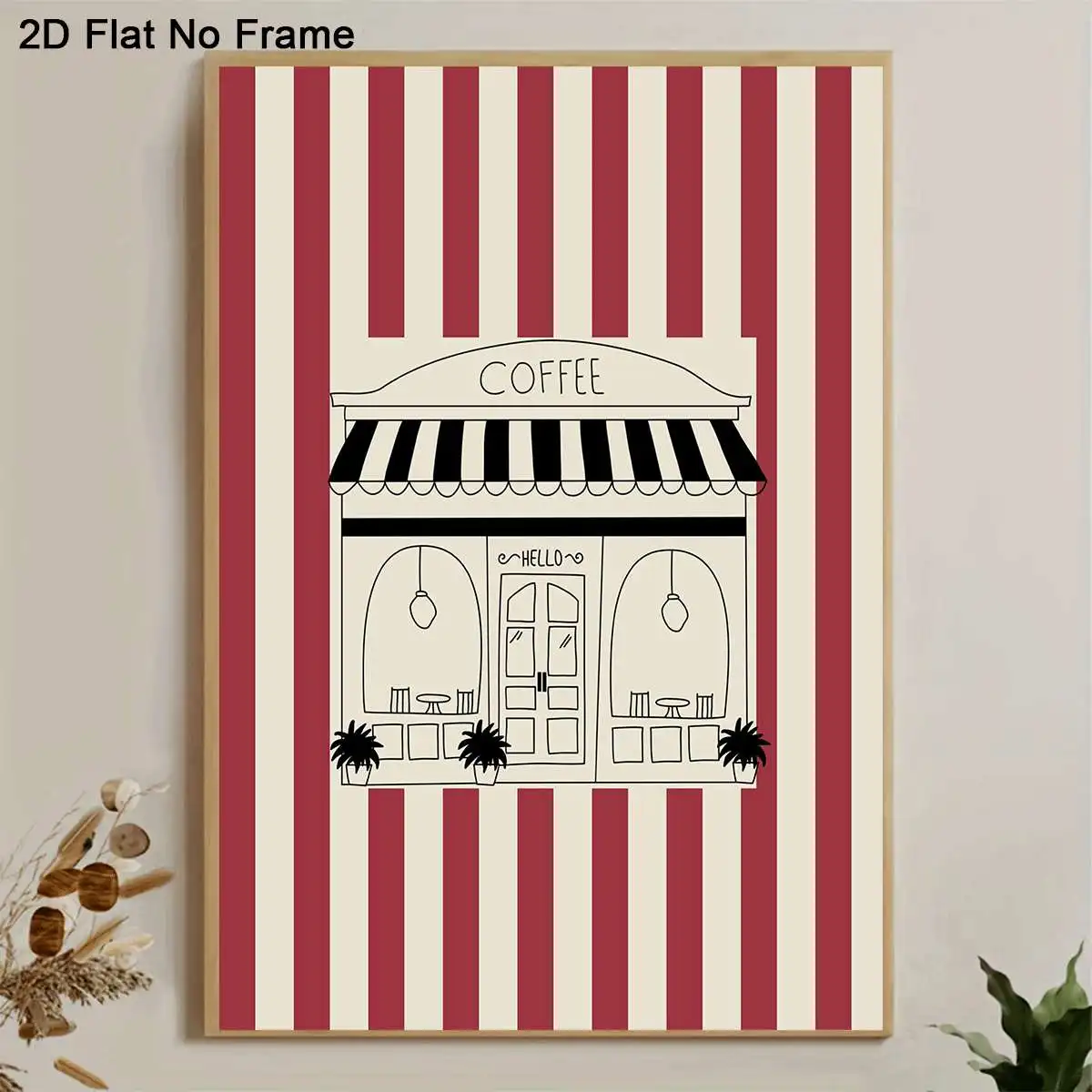 2D Flat, 2D Flat, A Single Piece of Frameless Canvas Art Featuring a Delightful Coffee Shop with a Striped Awning And a 'HELL