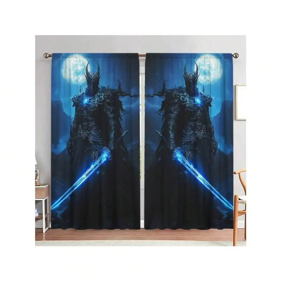 2-Piece Semi-Blackout Heat Insulating Light Filtering Curtains With Fantasy Warrior Print For Bedroom Living Room Office