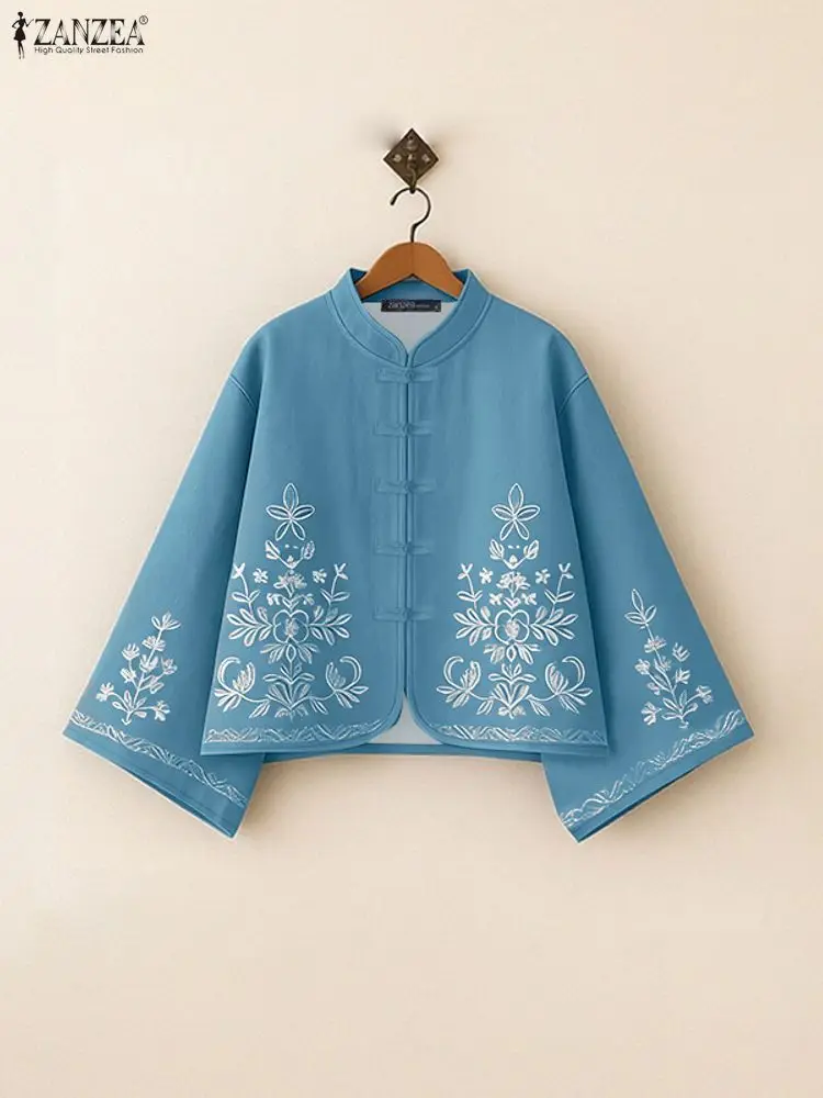 

ZANZEA, женские винтажные короткие рубашки с цветочным принтом, осень 2021, воротник-стойка, лягушка, пуговицы, кардиган с длинными рукавами, топы, S-3XL