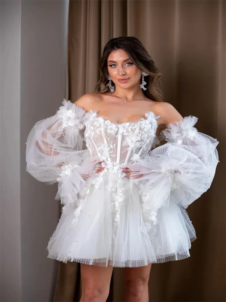 Customized Sweetheart Short Wedding Dresses With 3D Flowers Long Puff Sleeves A-Line Mini Bridal Gown Lace-up vestido de novia