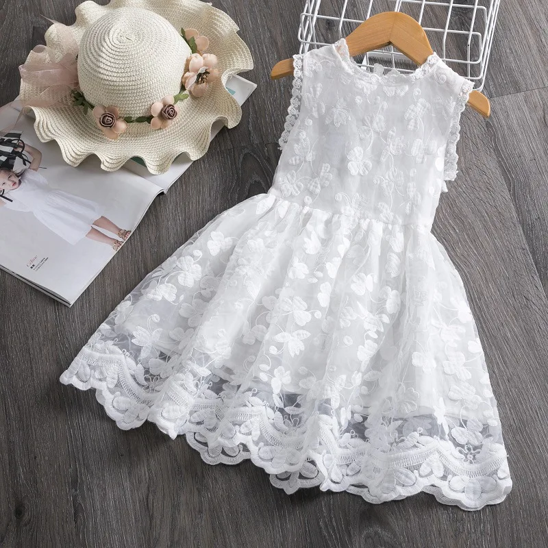 Girls White Dress 2025 Summer Lace Embroidery Flower Princess Dresses For Children Birthday Party Holiday Casual Wear 3-8 Years