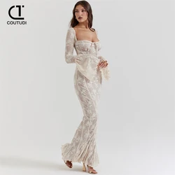 COUTUDI Women Sexy Lace Long dress Bodycon Long Sleeve Backless Elegant White Dress Lady Autumn Fashion Maxi Dress Slim Outfits