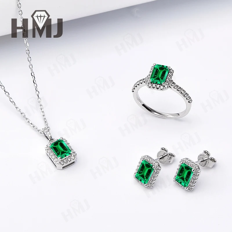 

Jewelry Set Ring Earring Necklace Emerald Cut Moissanite Lab Grown Gemstones 925 Sterling Silver Charms Wholesale High-quality