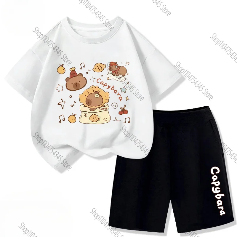 

Kawaii Capybara Children's T-shirt Set White Short-sleeved Cartoon Top Women's Double-sided Print
