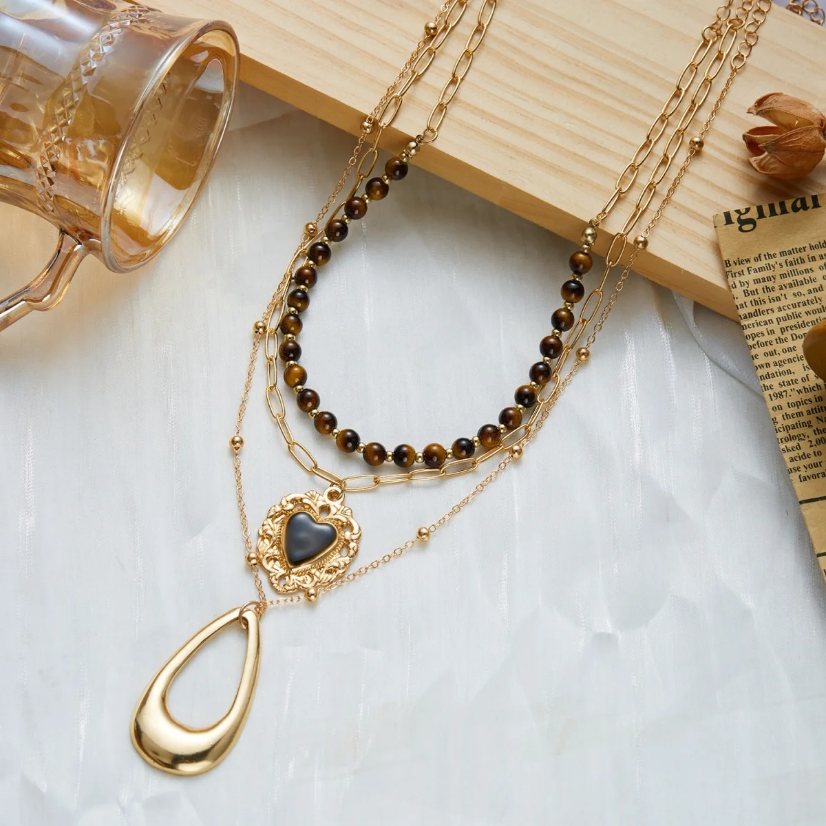 Retro Natürlicher Tigerauge-Stein Herz Hohler Wassertropfen Anhänger Halskette für Frauen Männer Mehrschichtige Tropfenform Stapelbare Choker-Schmuckstücke – Detail 29