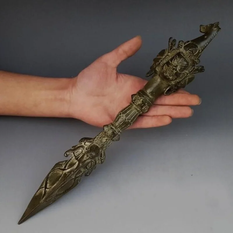 

Collectible Tibet Old Bronze Long 14”INCH/35CM Carved Vajra Jiang Mochu Sculpture/Antique Dagger/Horse Head Sword Statue R2007