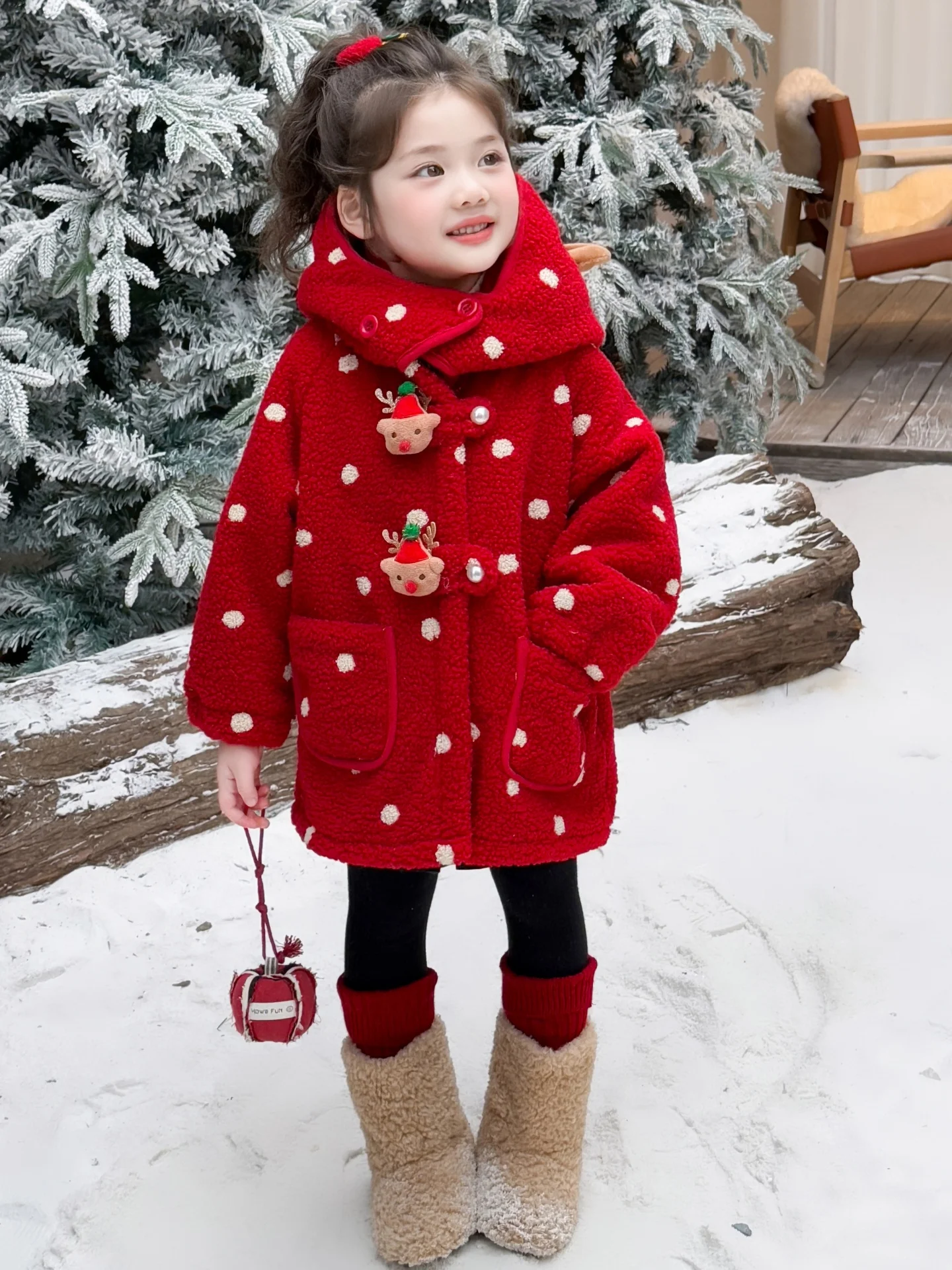 

Утепленный флисовый свитер с принтом оленя для девочек, осенне-зимняя теплая верхняя одежда для маленьких девочек