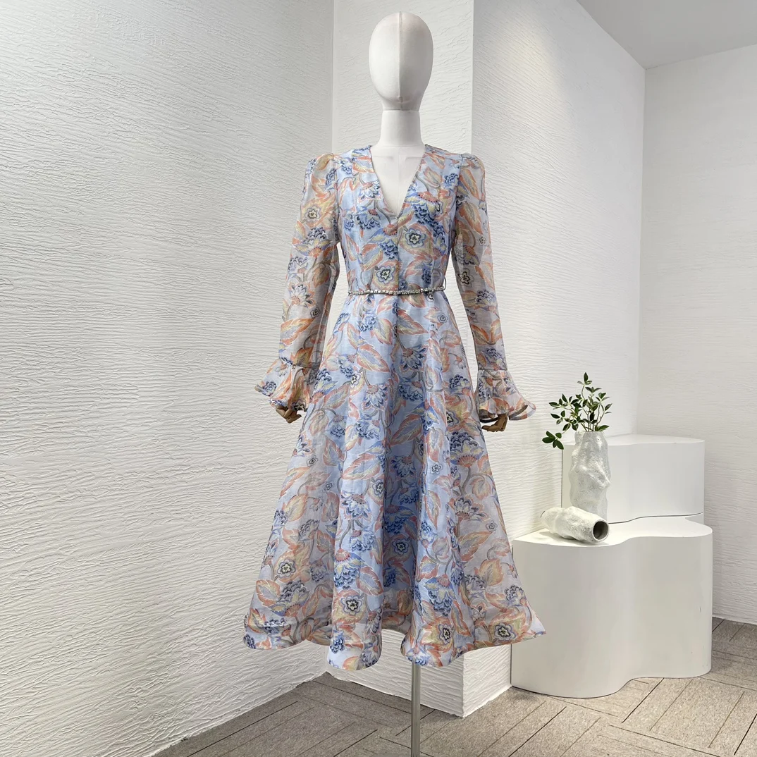 Blue 2025 New High Quality Women Summer Collection Linen Silk Full Sleeve Floral Print Women Black Midi Dress