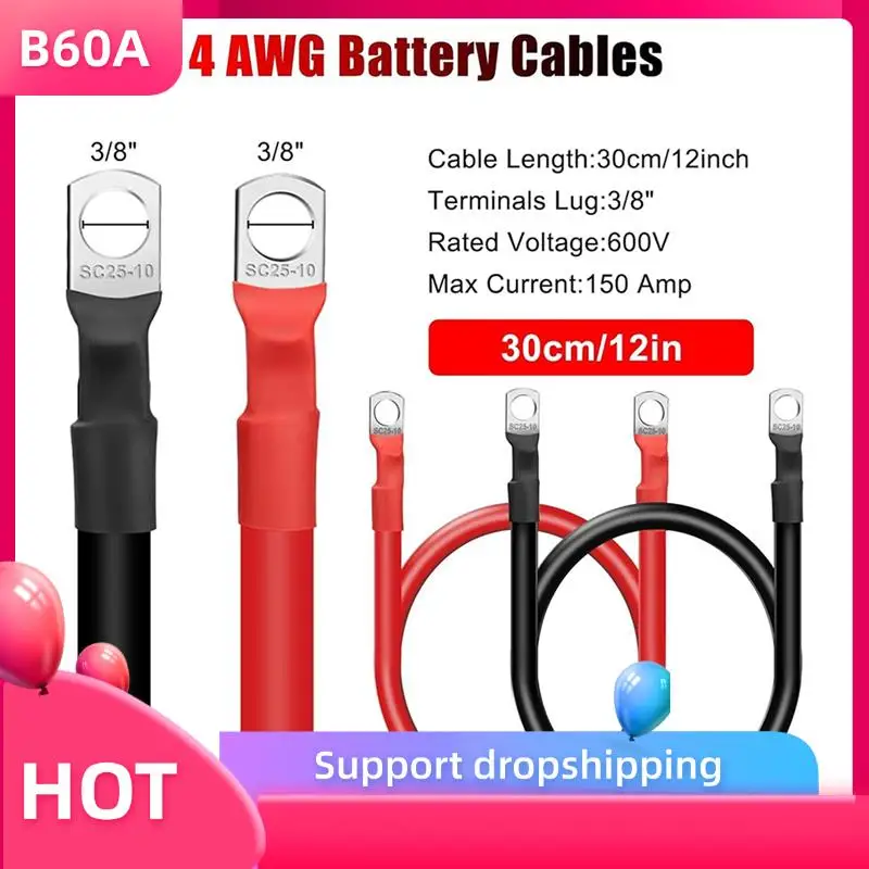 

B60A 12PCS 4 AWG Battery Cables,30CM Marine Battery Inverter Cables Set, With 3/8In Tinned Copper Lugs,For Automotive Solar