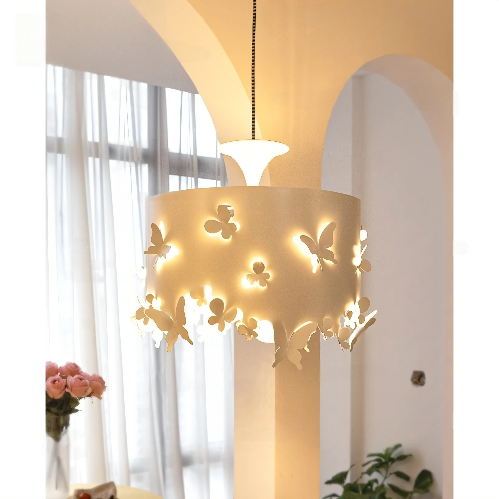 

French Restaurant Pendnat Lamp Bedroom Dining Table Barcounter Modern Cream Original Atmosphere White Butterfly Iron Chandelier