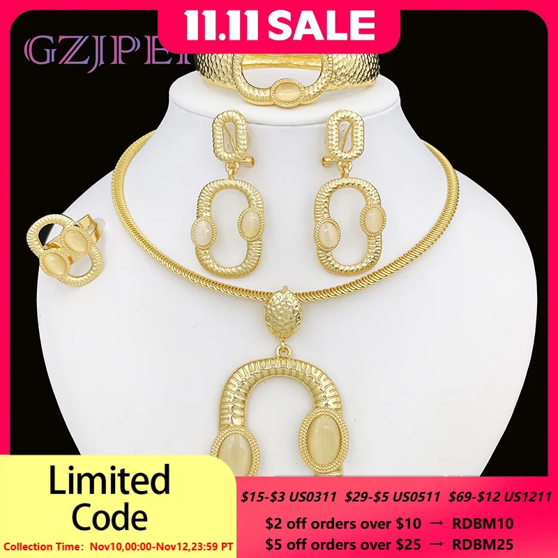 Dubai 18K Gold Plated Jewelry Sets For Women Square Pendant Necklaces Large Earings Bracelet And Ring 4PCS Set Jewelry