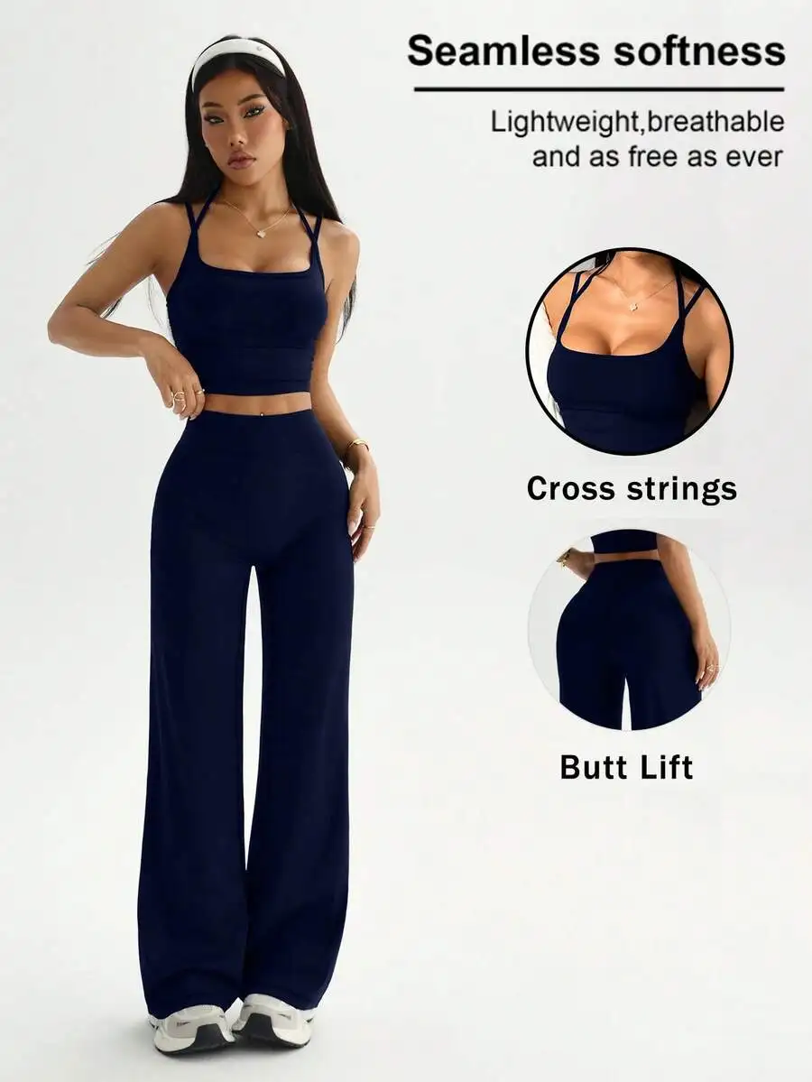 

Solid Color Cropped Camisole And Wide Leg Pants Set For Women