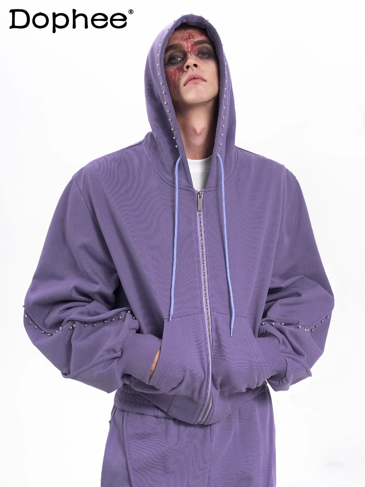 

Men's 2025 Autumn New 2pcs Beaded Hooded Design Long Sleeve Zipper Sweatshirts Coats Solid Color Trousers Men's Chic Pants Sets