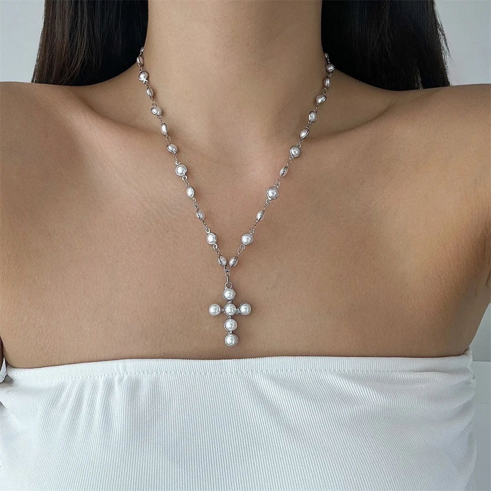 Imitation pearl Cross Pendant Necklace for Women Trendy Simple Long Necklace Sweater Chain Necklace Holiday Party Festival Gift