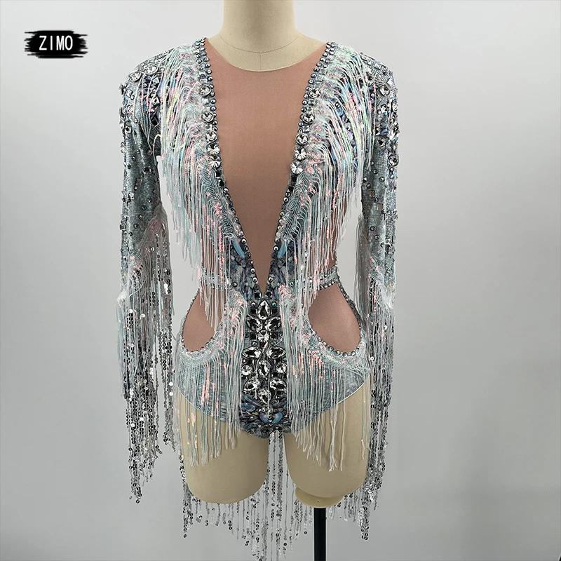 

Sparkly Sequins Rhinestones Tassels Printing Bodysuit Bar Nightclub Singer Dancer Performance Costume Evening Party Stage Clothi