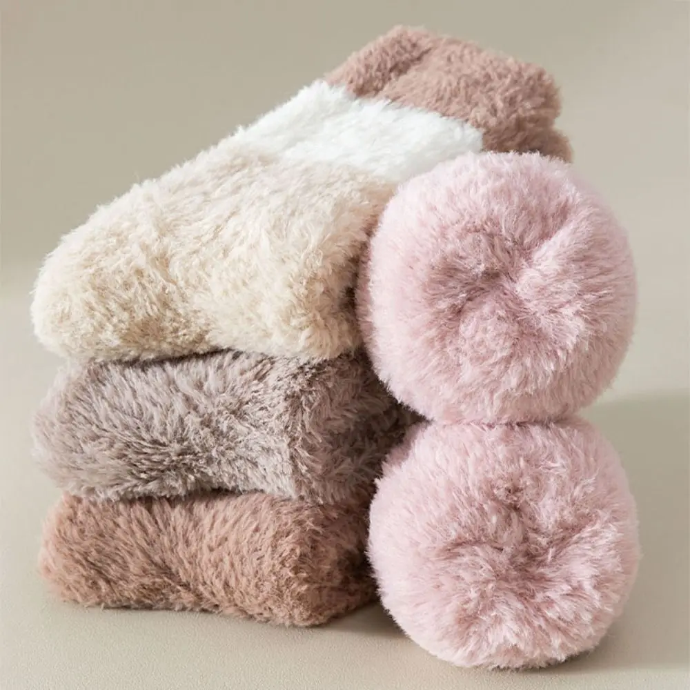 Calcetines gruesos y cálidos de lana color Coral para mujer, medias de felpa con retales a rayas para invierno, medias para dormir, calcetines de tubo medio para invierno