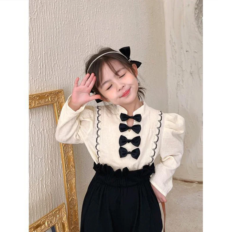 Spring Autumn Fashion Korean Loose Kawaii Children's Sets Bowknot Tops and Long Pants Two Piece Suits Cute Sweet Girls Clothing