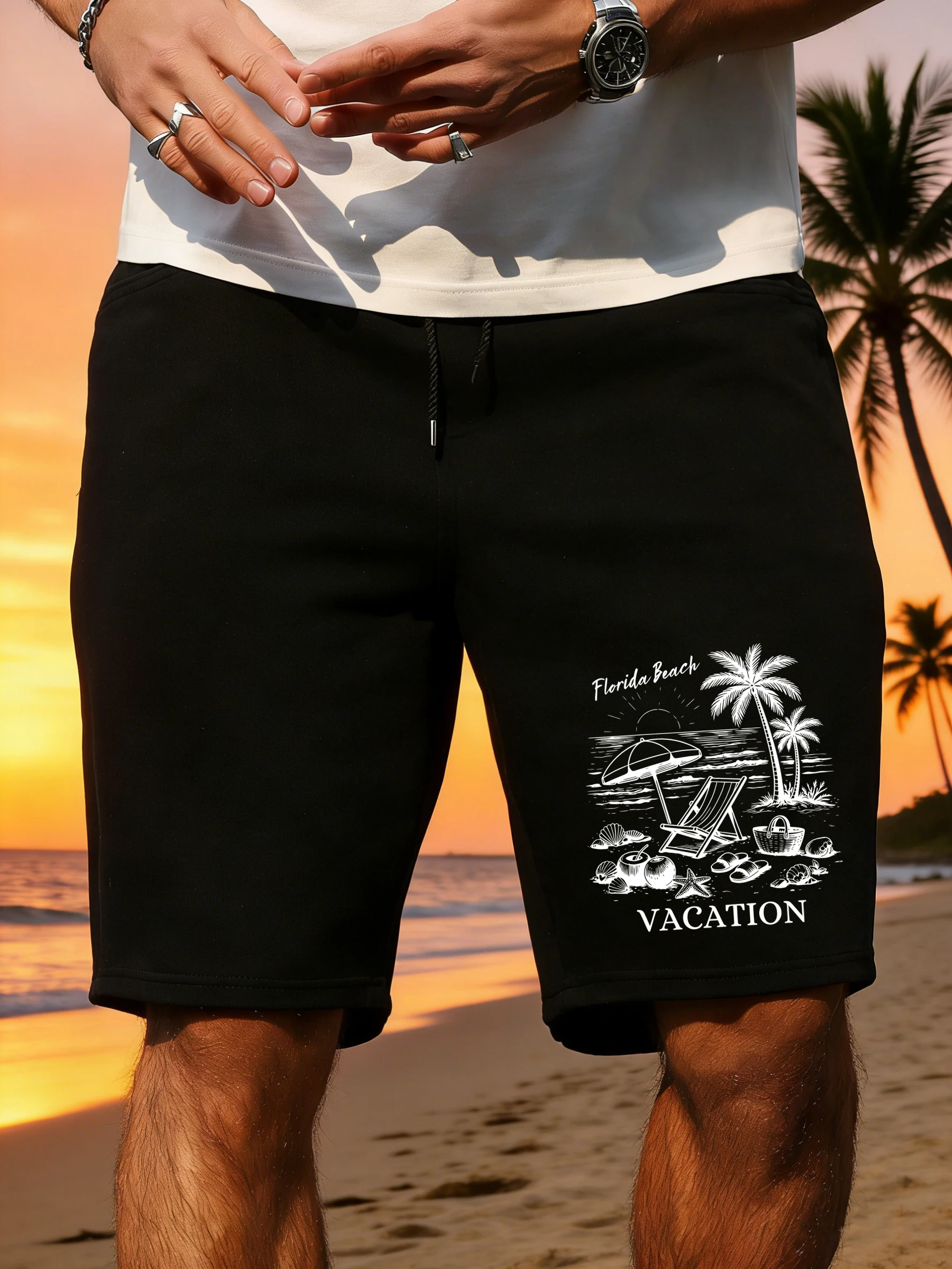 

Florida Beach Vacation Print Men'S Shorts Elasticity Summer Short Pants Gym Wide Leg Streetwear Breathable Pocket Running Pant