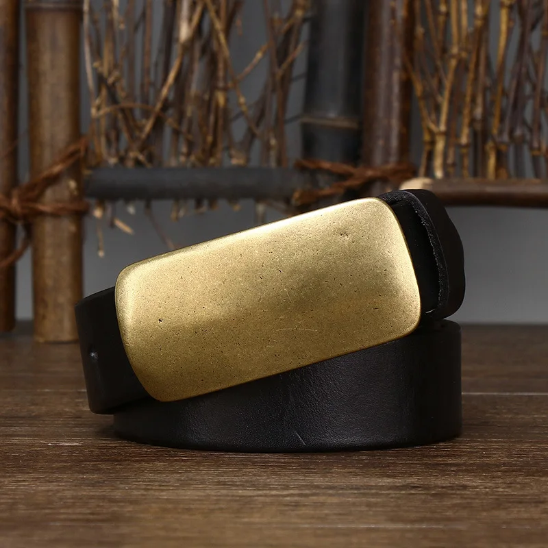 3.3cm Pure Cowskin Men Belt High Quality Genuine Leather Smooth Brass Buckle Strap Male Jeans Luxury Designer Belts for Man