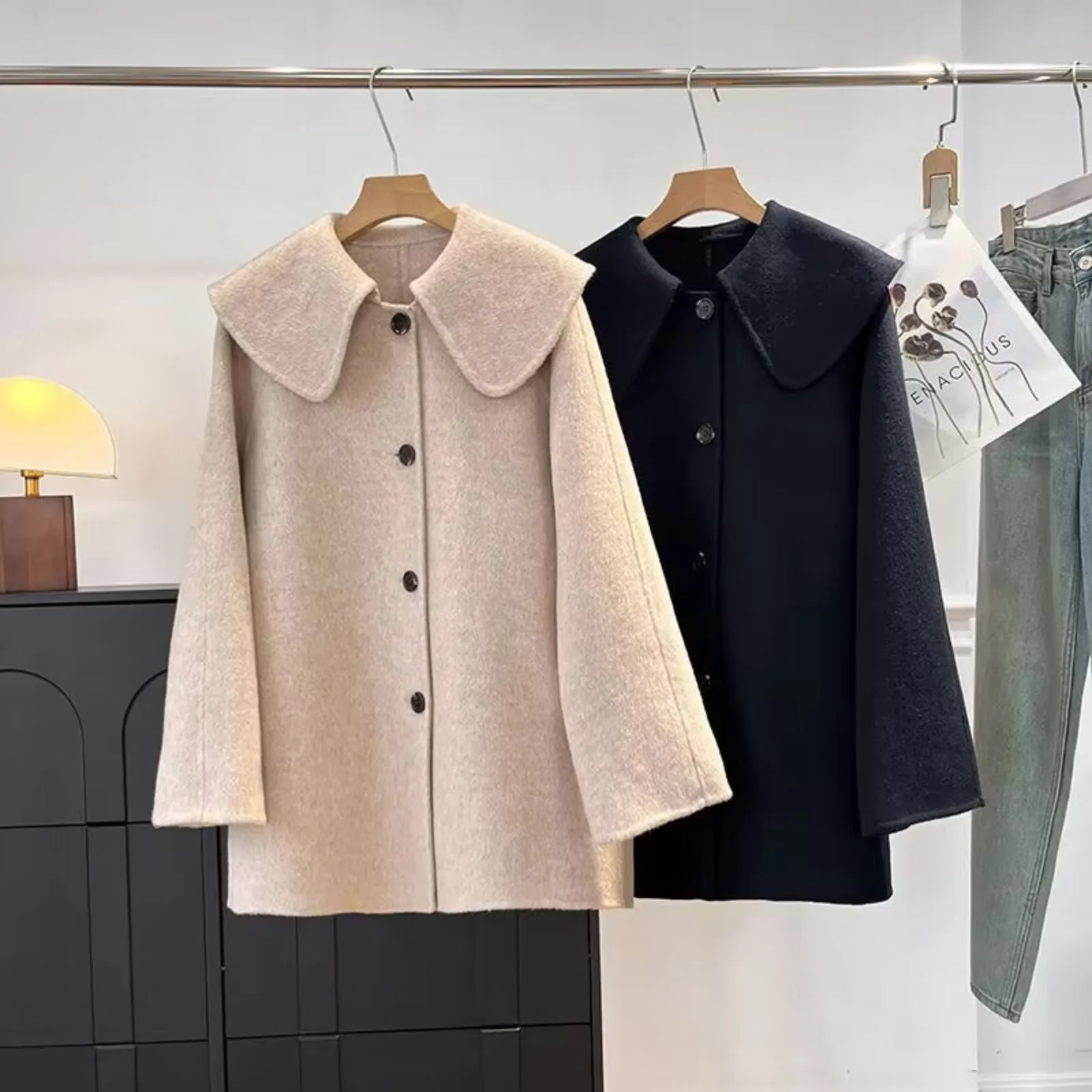 

Женская шерстяная куртка с воротником-стойкой, отложным воротником, длинными рукавами и лацканами, свободного кроя, двусторонняя куртка из смесовой шерсти, новый стиль осени, модное женское пальто