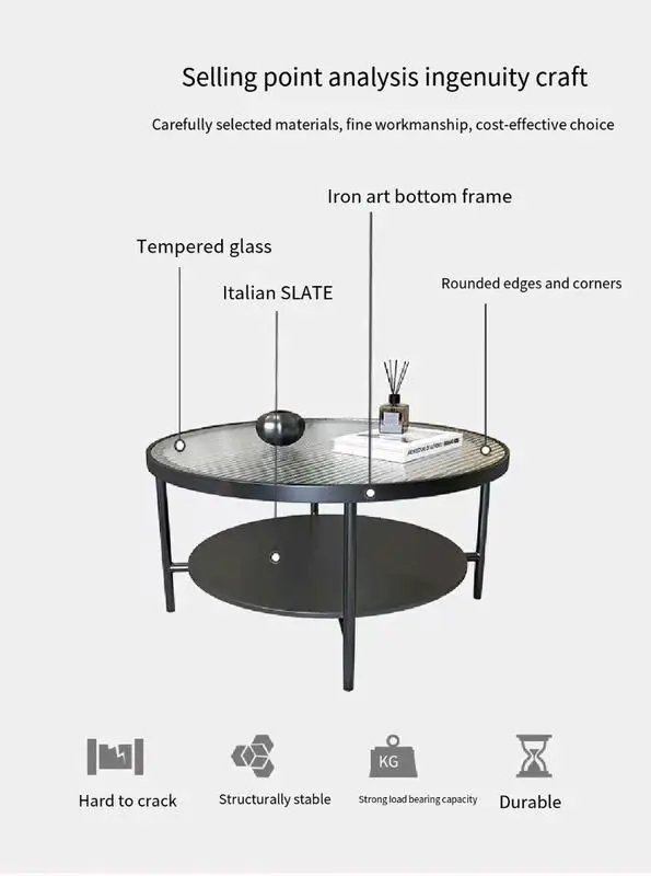 xx-Modern Round Coffee Table with Double Layer Smoke Glass Top and Black Metal Open Shelf for Coffee Table^