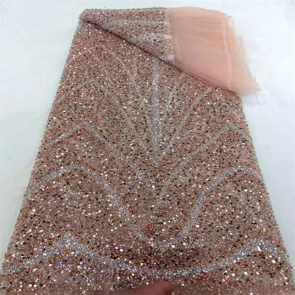 New Arrival African Heavy Beaded Net Laces Fabric 2024 High Quality Nigerian Sequins French Tulle Mesh Fabrics For Wedding Party