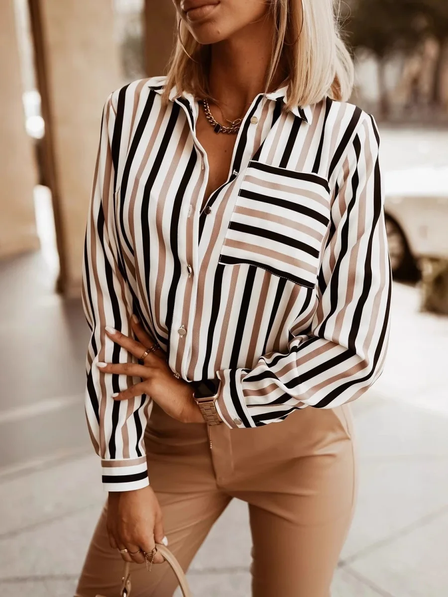 

Летняя полосатая женская модная рубашка с длинным рукавом, облегающая, с пуговицами, дышащая, из полиэстера, повседневная.