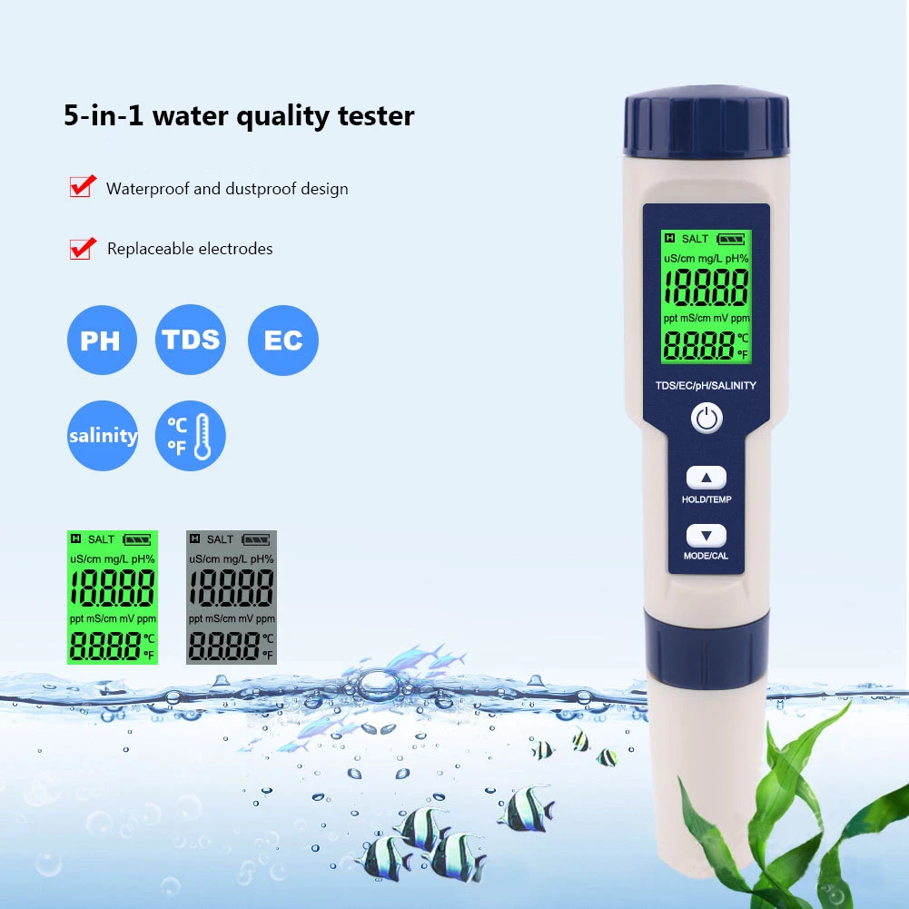 Digital Chlorine Meter PH Tester 5 In 1 SALT/ ORP/ TDS/EC/TEMP Tester CL Water Quality Analyzer for Swimming Pool Hot Spring