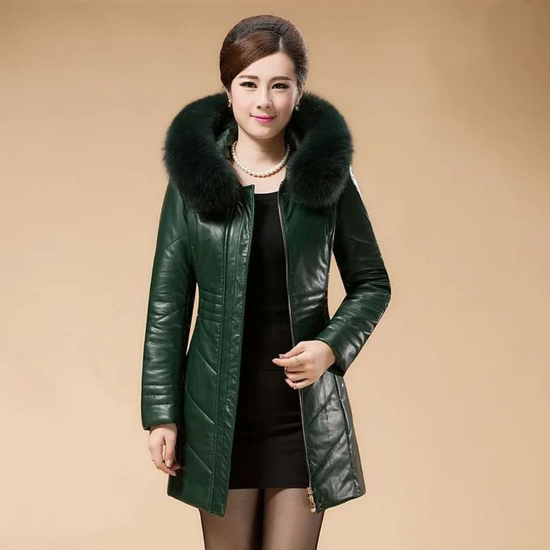 2023 Middle Aged Elderly Fur Clothing Down Jacket Women Mid Length Extra Fat Thick Coat Oversized Fur Collar Leather Overcoat