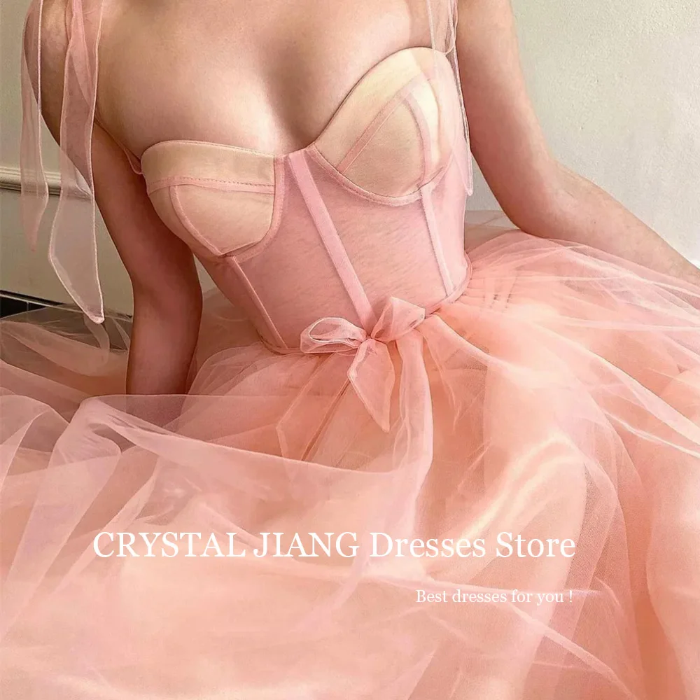 Classy Long Pink Spaghetti Straps Tulle Prom Dresses Sleeveless A Line Sweep Train Vestidos De Noche Elegantes 2024