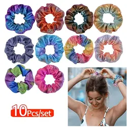 10 Pcs Set of Laser Fabric Hair Rings With Gold Stamping and Dual Color Gradient Pig Large Intestine Ring Flower Heads