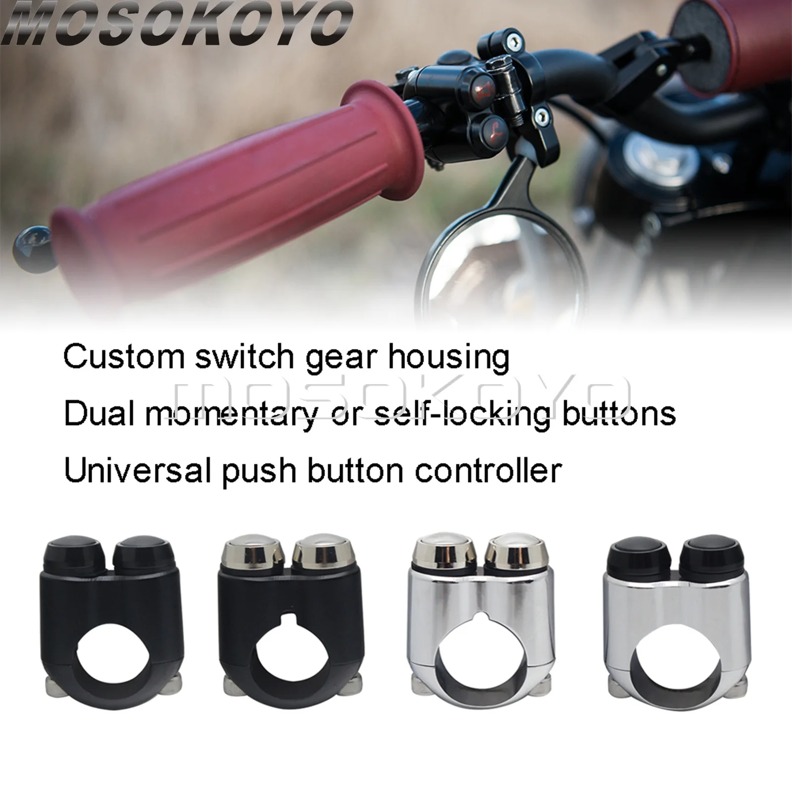 Black 7/8in 1in Handlebar Mount Switch Push Button Cafe Racer 2 Button Hand Control Switches 22mm 25mm Starter Horn Light Switch