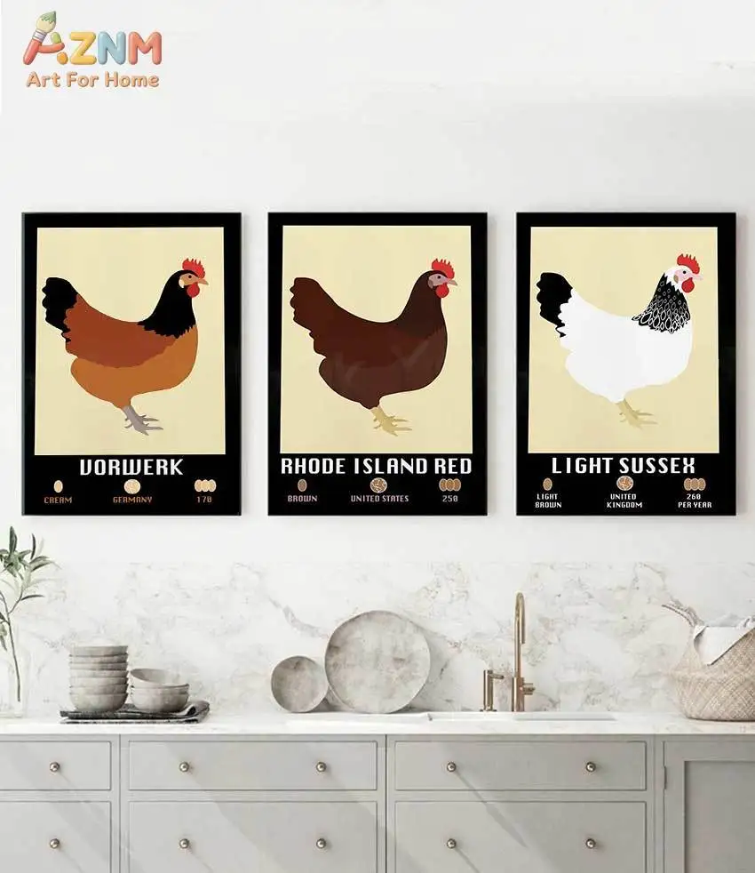 Póster de pollo Light Sussex Faverolle Rhode Island Red, ilustración de animales de granja, arte de pared para decoración rústica de cocina
