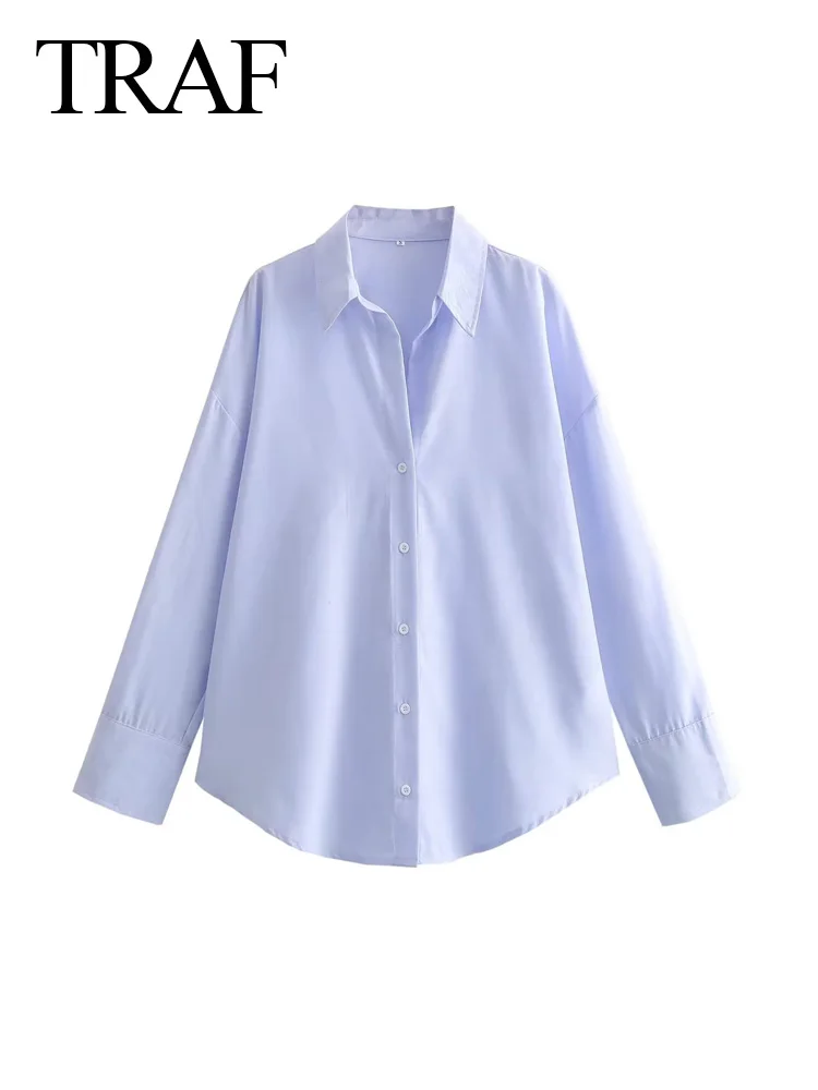 TRAF 2024 New Woman Solid Blue Shirts Casual Loose Blouses Turn Down Collar Long Sleeve Pleats Cardigans Office Lady Long Tops