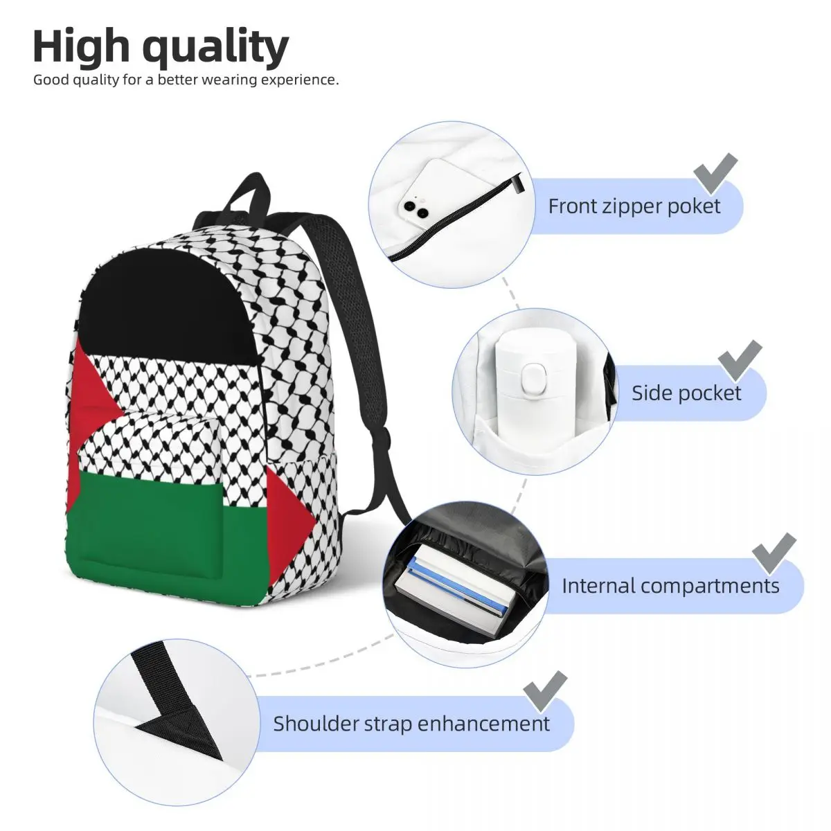 Palestine Flag Classical Backpack Gift High School Work Palestinian Hatta Keffiyeh  Daypack for Men Women Laptop Canvas Bags