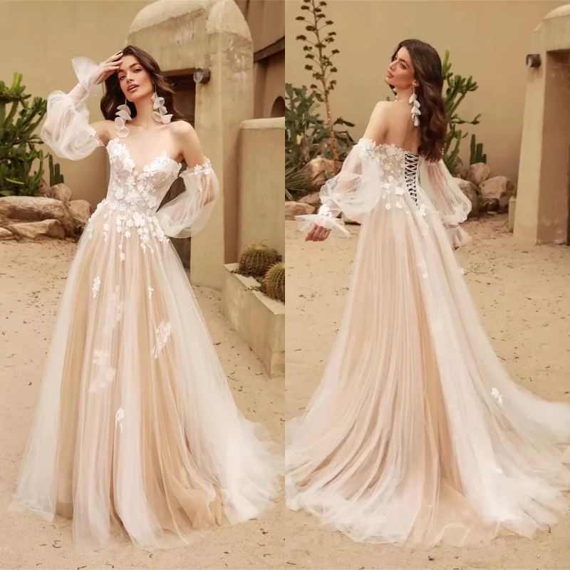 فساتين زفاف الأميرة على شكل حرف a للنساء مزينة بالدانتيل وأكمام واسعة فستان زفاف سويب تراين فيستدو دي نويفا حسب الطلب