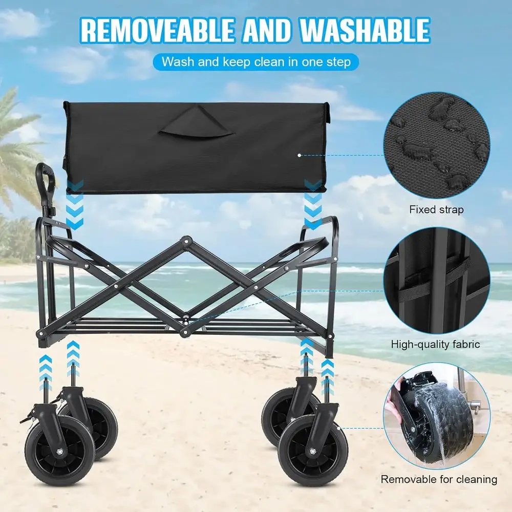 All-Terrain Foldable Wagon with Large Wheels, Utility Cart for Beach, Camping, and Outdoor Activities (Black)
