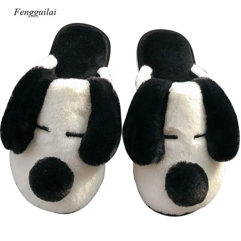 Winter House Fur Slippers Warm Cotton Shoes Cute Lovely Cartoon Dog Indoor Bedroom Women Men Ladies Lovers Couple Furry Slippers