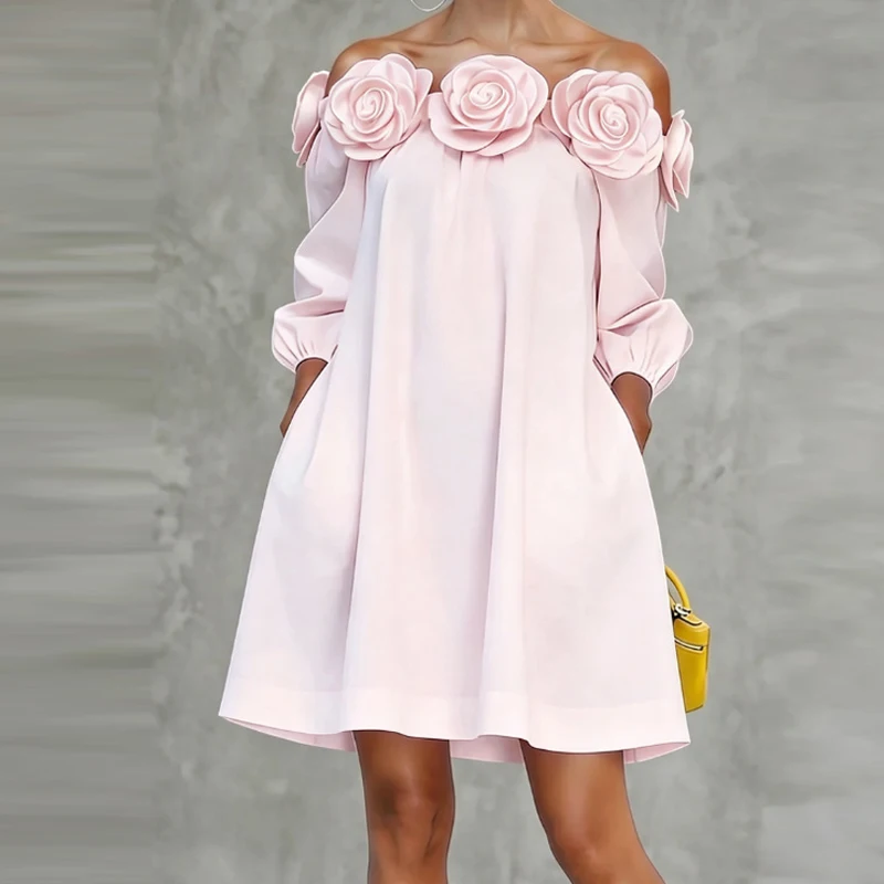 Elegant Off Shoulder Chic Loose Short Dress Women Fashion 3D Dimensional Splice Mini Dress Casual Long Sleeve Solid Party Dress