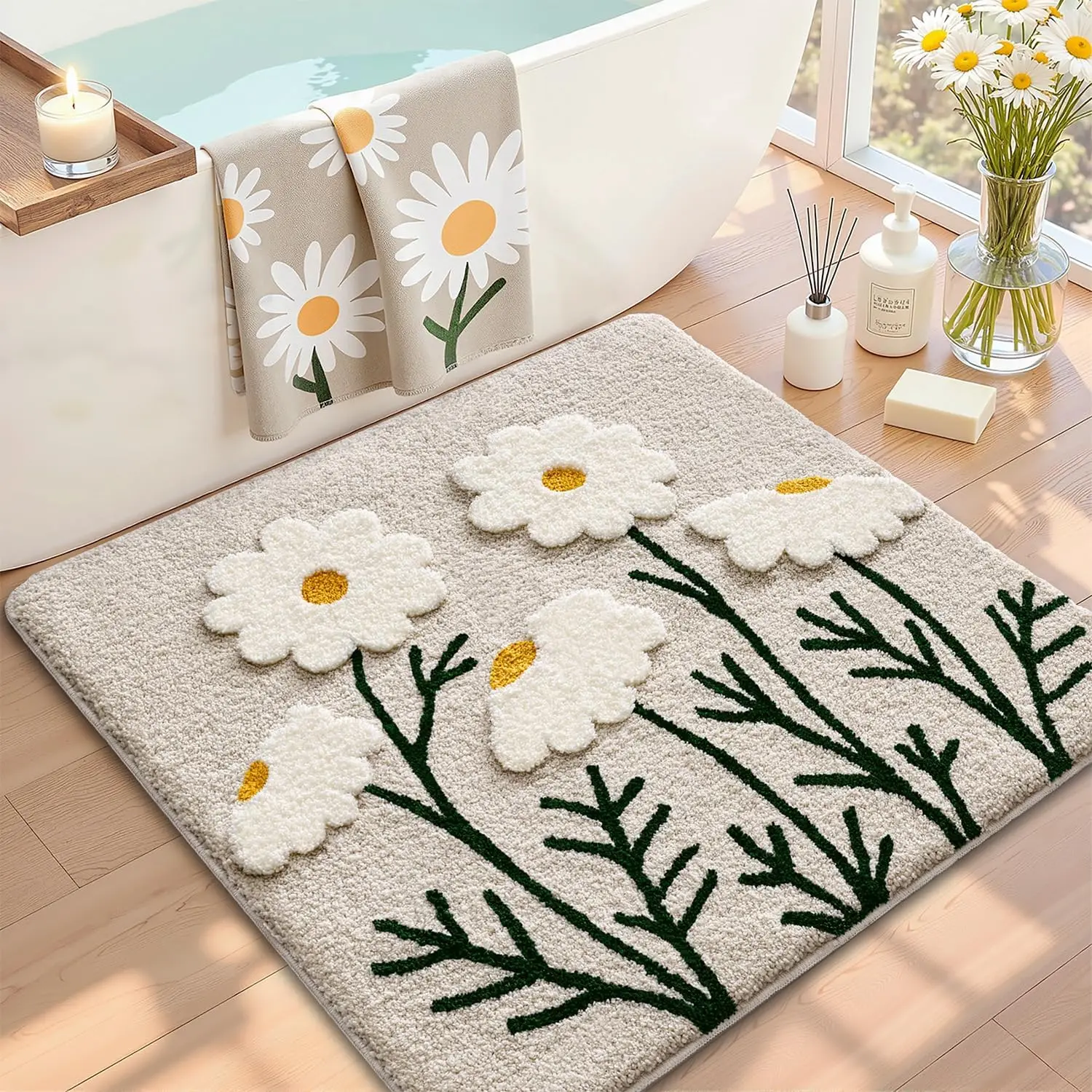 

Cute Daisy Bath Mat, Soft Absorbent Non-Slip Square Rug for Kids Room, Bathtub Decor, Machine Washable Quick Dry