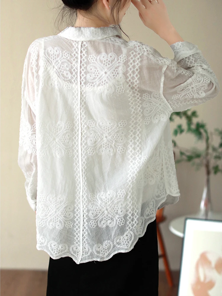 irregular shirt for women High quality Embroidery Long sleeve blouse 2024 Spring summer Button-up tops White Blue INKEO 3T212