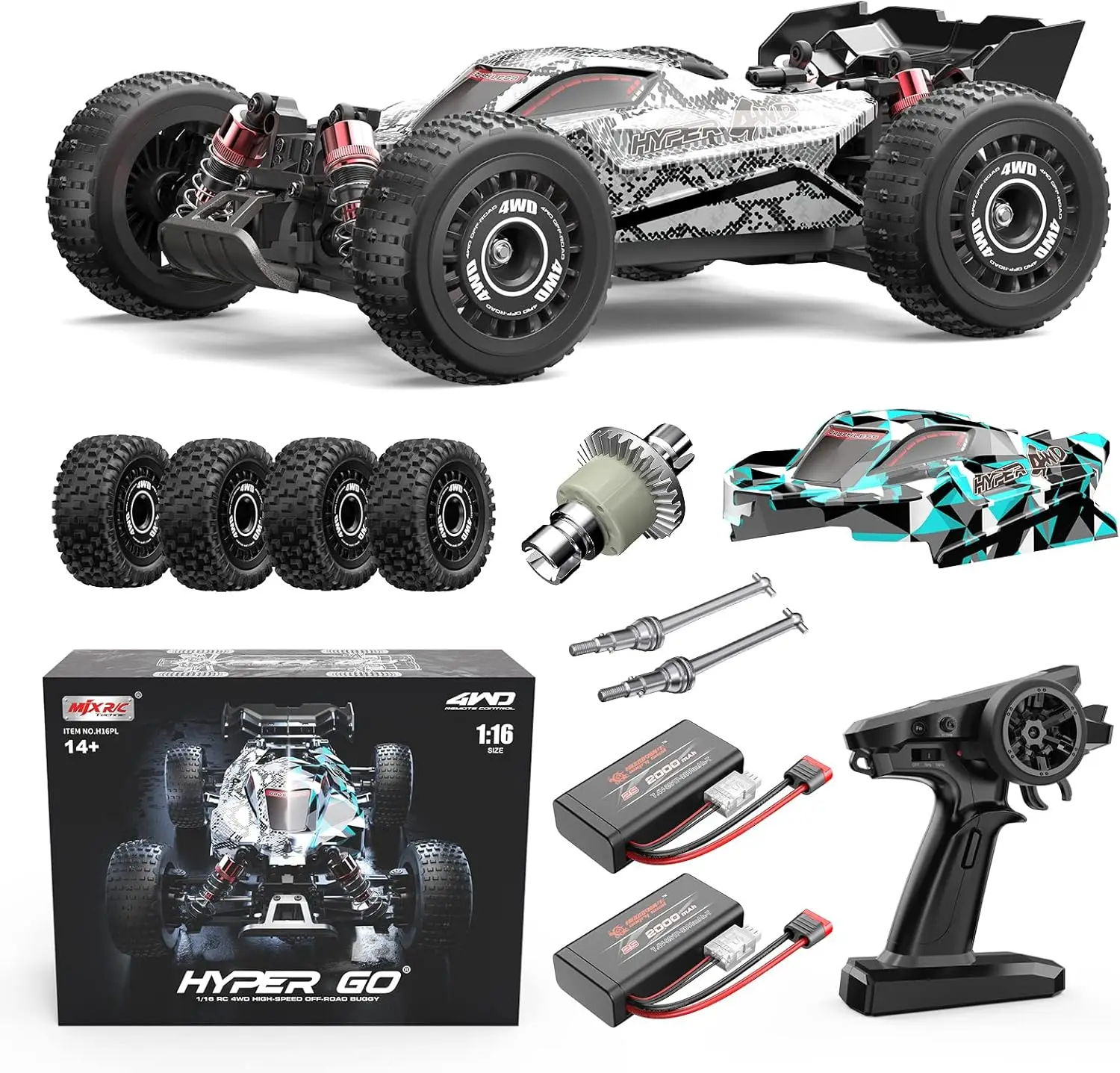 HYPER GO H16PL 1/16 RTR 빠른 브러시리스 RC 버기 성인용, 최대 38mph RC 트럭, 4WD 고속 레이싱카 2S 2000mAh