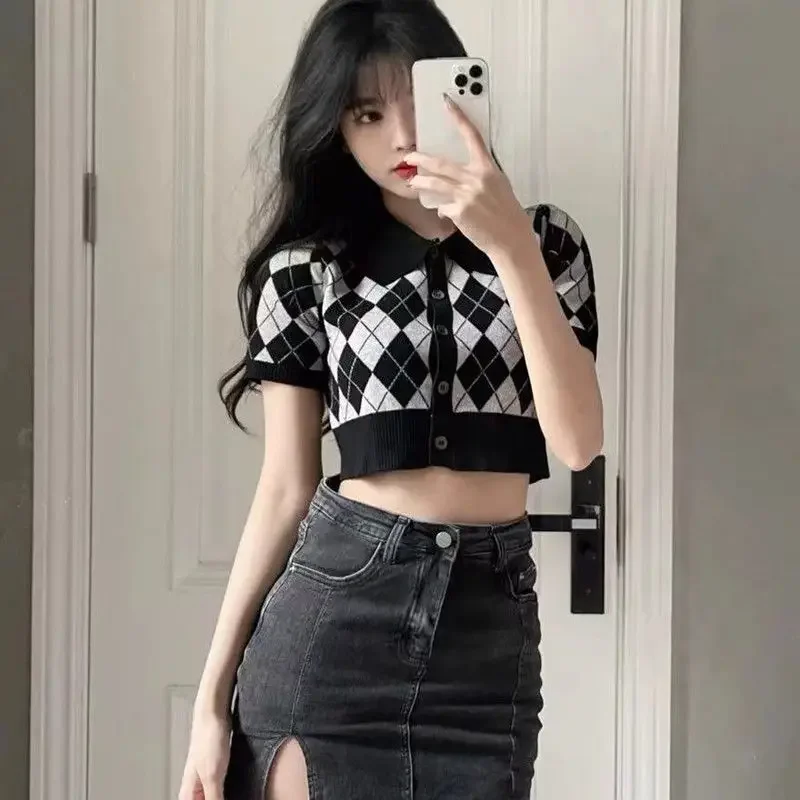 Denim Plaid 2 Pieces Sets For Women Short Sleeve Skirt Sexy Slit Woman Outfit Cheap Clothing Korean Style Offers Promotion Full