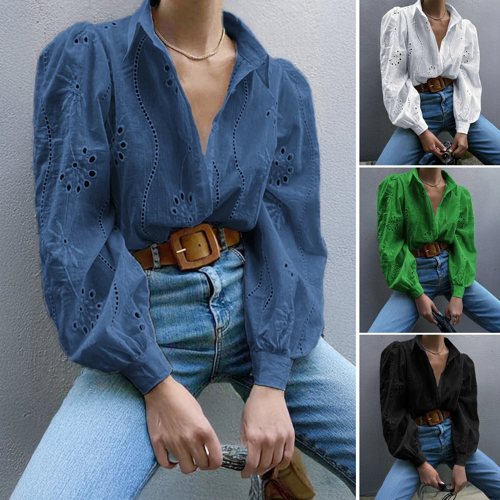 

Vintage Women's Long Sleeve Shirt Solid Floral Hollow Out Puff Sleeve Boluse for Lady Spring Summer Outfit Women Y2K Streetwear