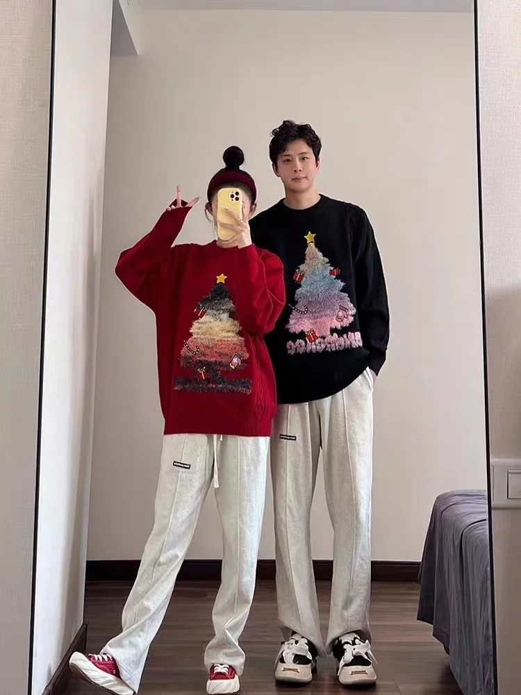 Sweter Rajutan Modis Musim Dingin Pasangan Gaya Musim Gugur Musim Dingin Tahun Baru Kasual Pohon Natal Serasi Pullover Leher Bulat Pria